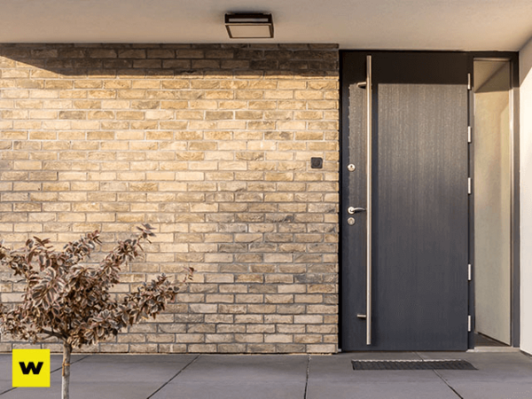 Moderne Haustür aus dunklem Material in Backsteinfassade mit kleiner Pflanze im Vordergrund.